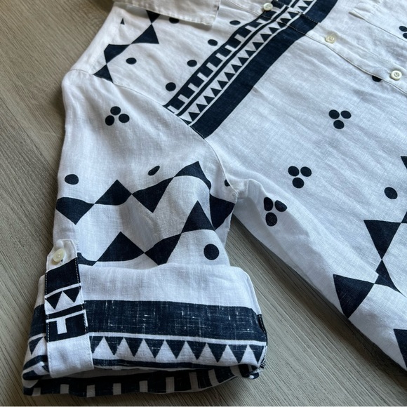 J Crew Linen Size 10 Shirt Blouse Navy Blue White Rollup Sleeves - Picture 10 of 16